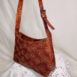 Vintage Brown Embossed Leaf Shoulder Bag
